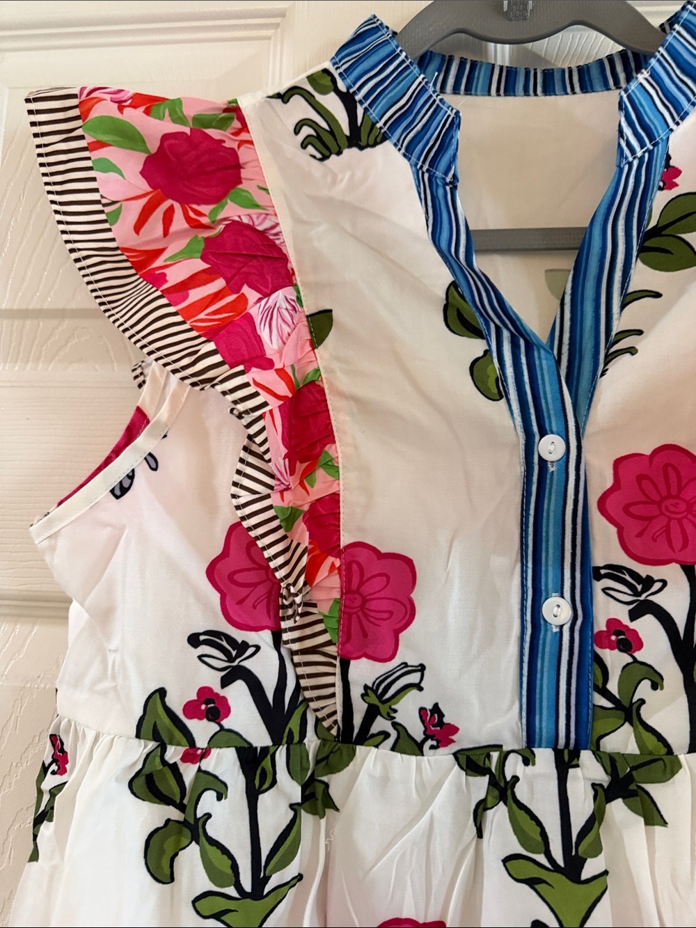 Women’s Floral Ruffle Top - White with Pink Flowers - Picture 6 of 10